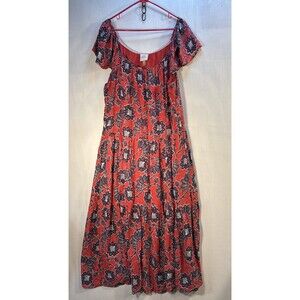 Knox Rose Tiered Midi Dress Sz XL Floral Red & Blue Boho Pockets Flutter Sleeve